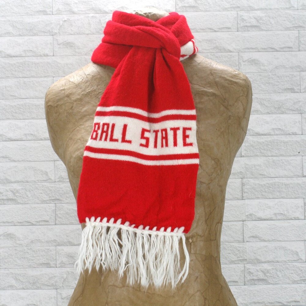 BALL STATE UNIVERSITY Scarf Knit Long Unisex Student Narrow Fringe Red White